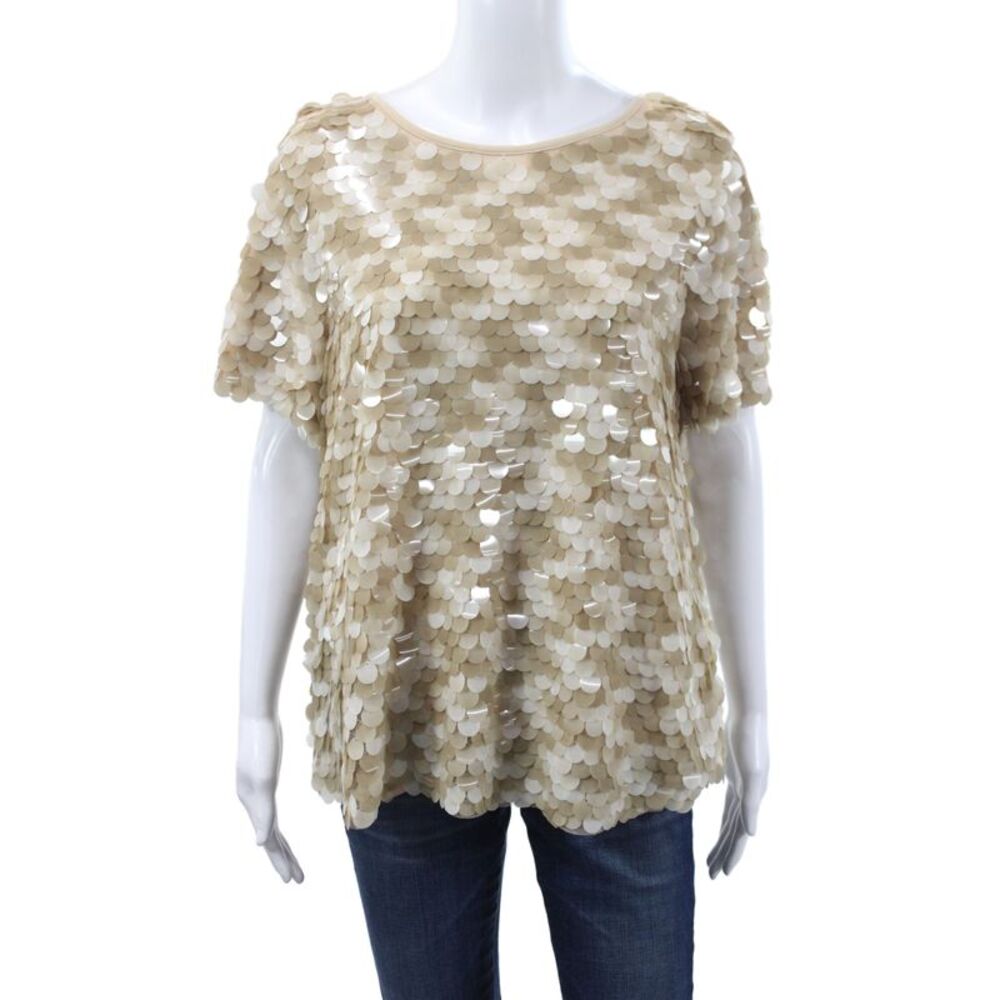 Eva Franco Women Basic Sequin Blouse Beige Short Sleeve Round Neck Size M